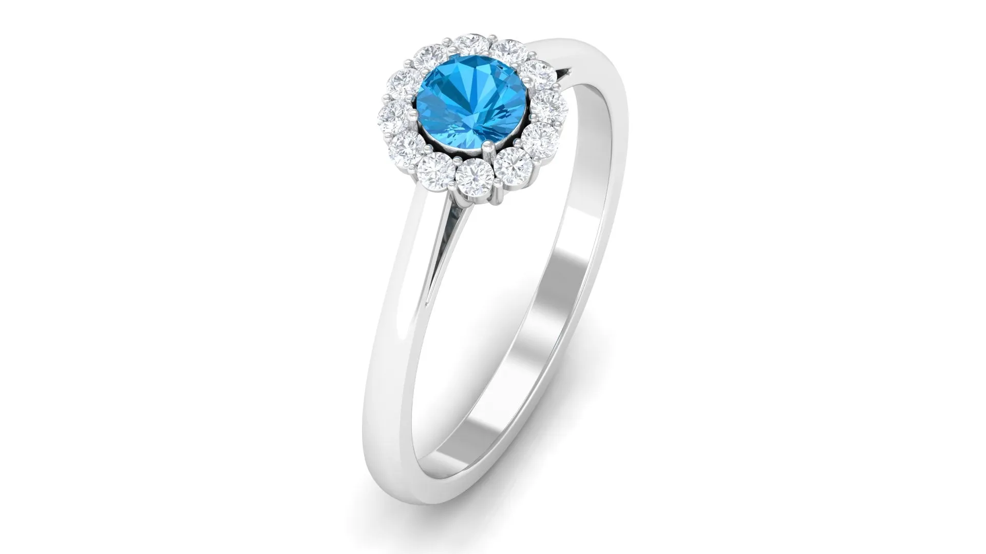 1 CT Swiss Blue Topaz and Diamond Floating Halo Engagement Ring