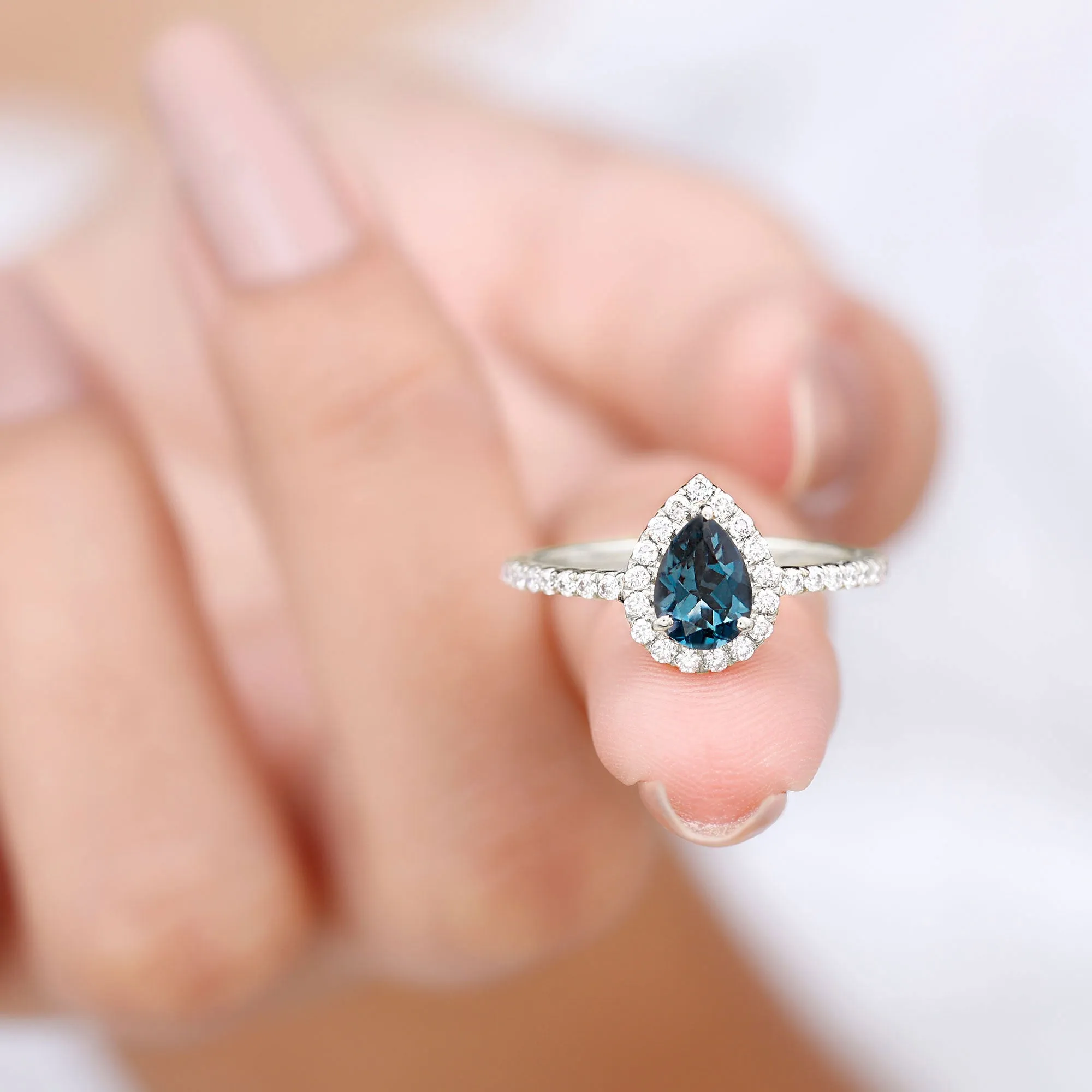 1.25 CT London Blue Topaz Teardrop Engagement Ring with Diamond Halo