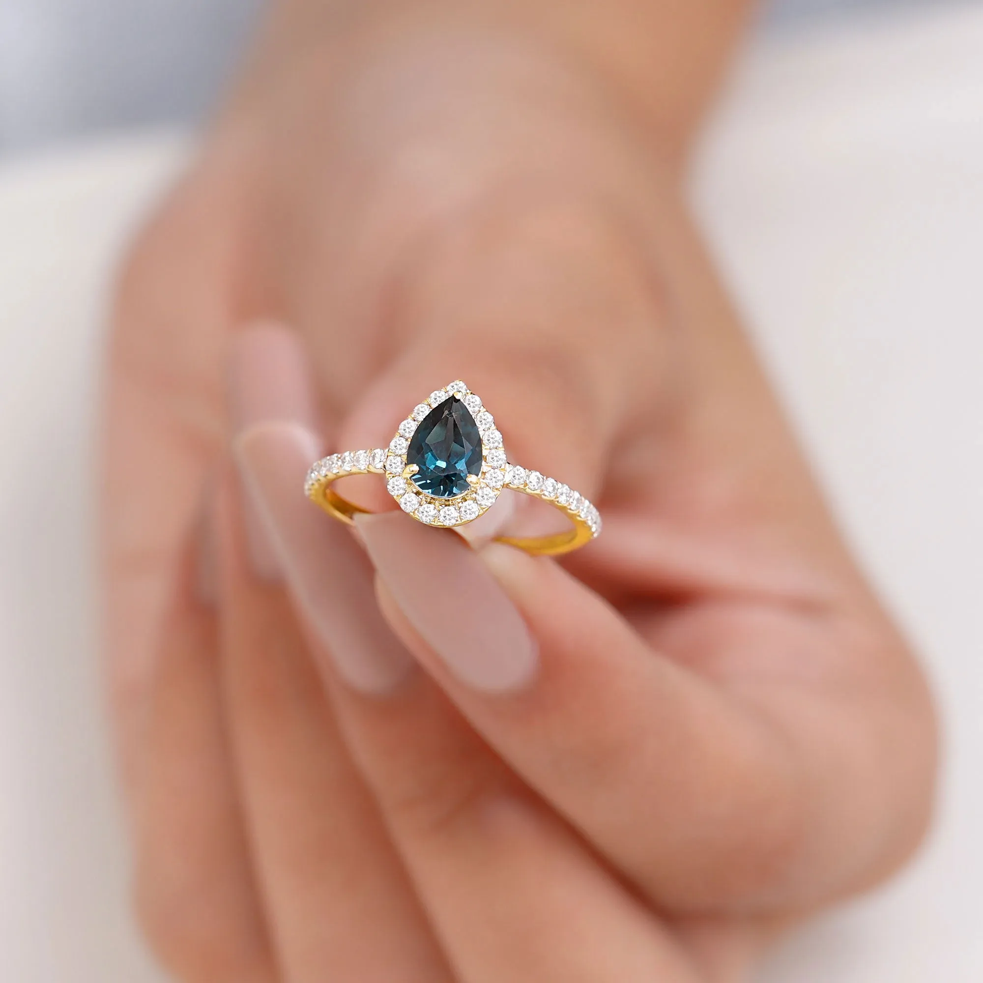 1.25 CT London Blue Topaz Teardrop Engagement Ring with Diamond Halo