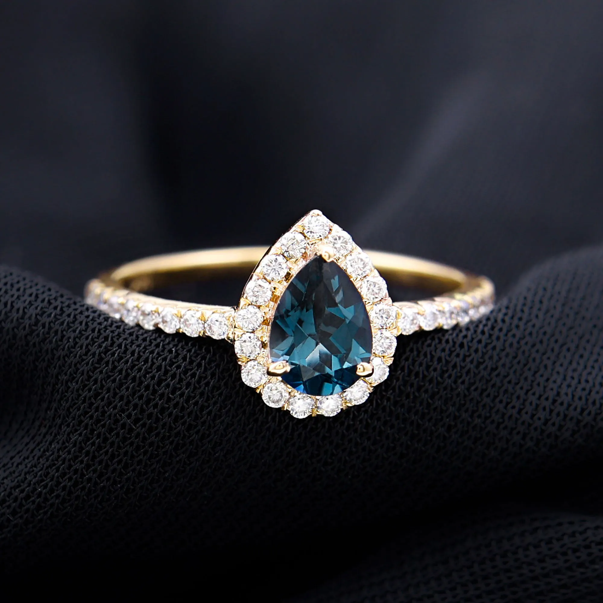 1.25 CT London Blue Topaz Teardrop Engagement Ring with Diamond Halo