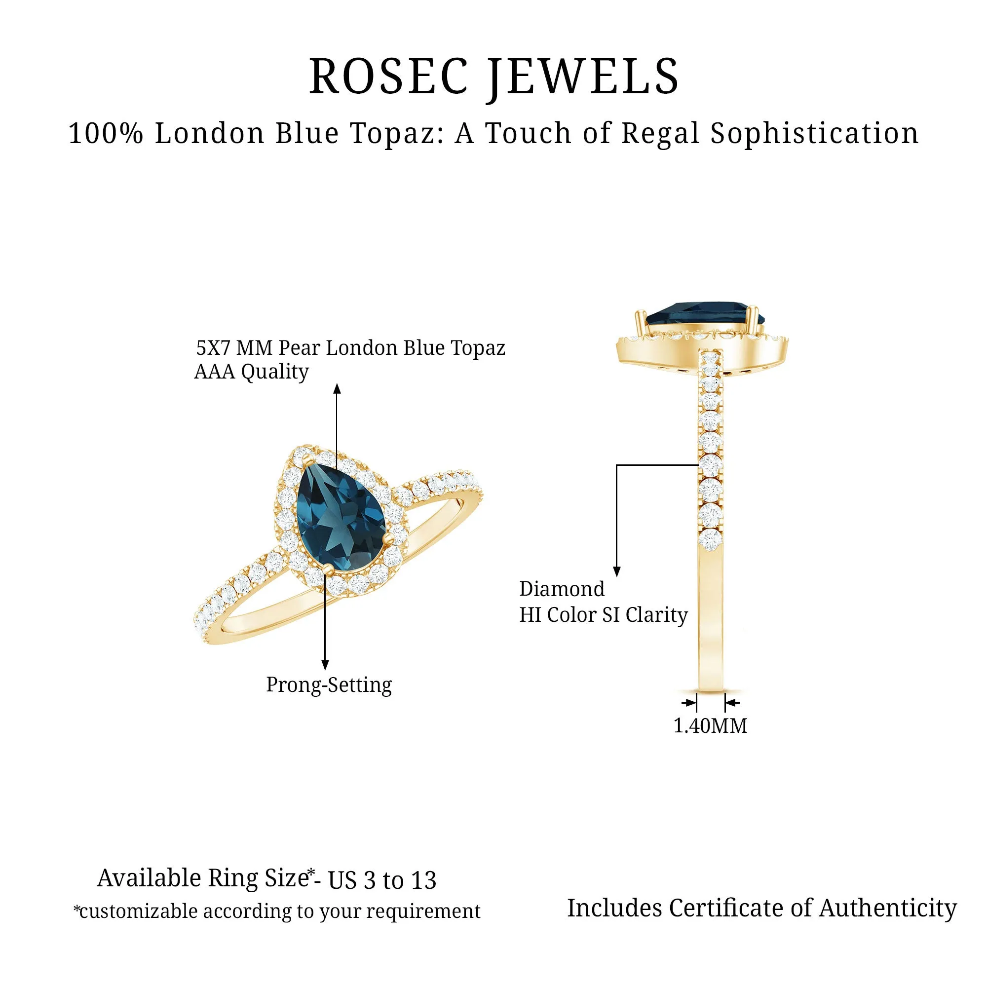 1.25 CT London Blue Topaz Teardrop Engagement Ring with Diamond Halo