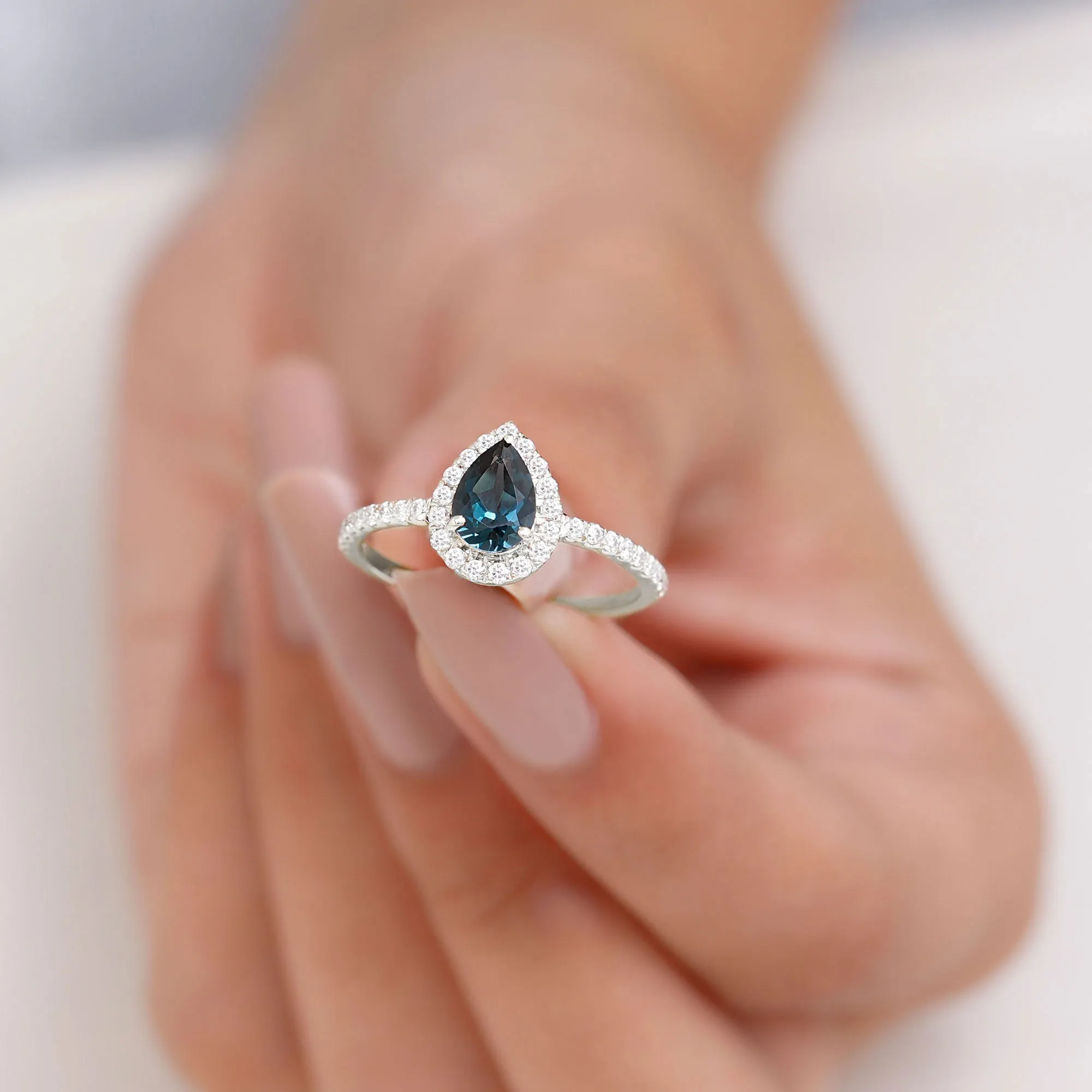 1.25 CT London Blue Topaz Teardrop Engagement Ring with Diamond Halo