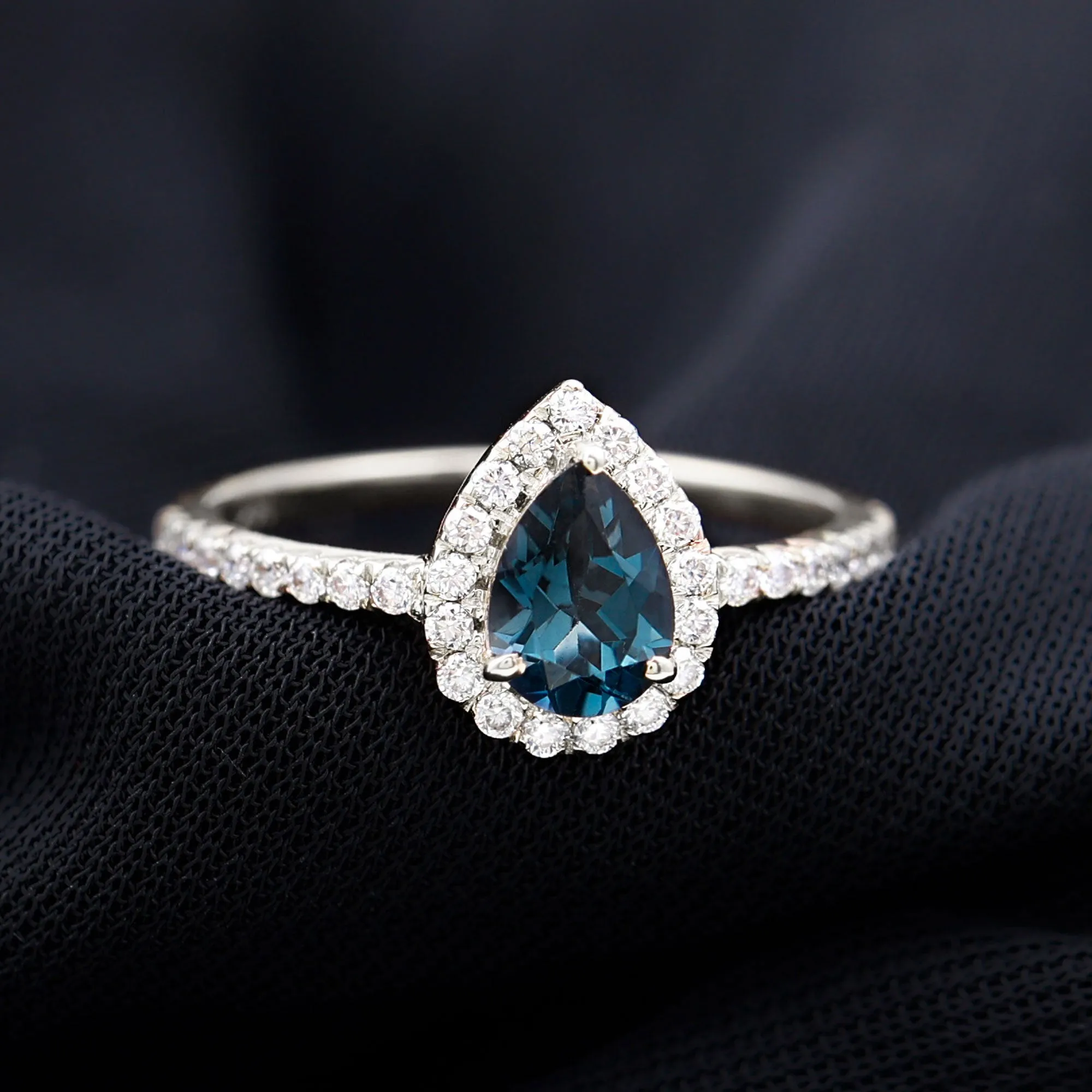 1.25 CT London Blue Topaz Teardrop Engagement Ring with Diamond Halo