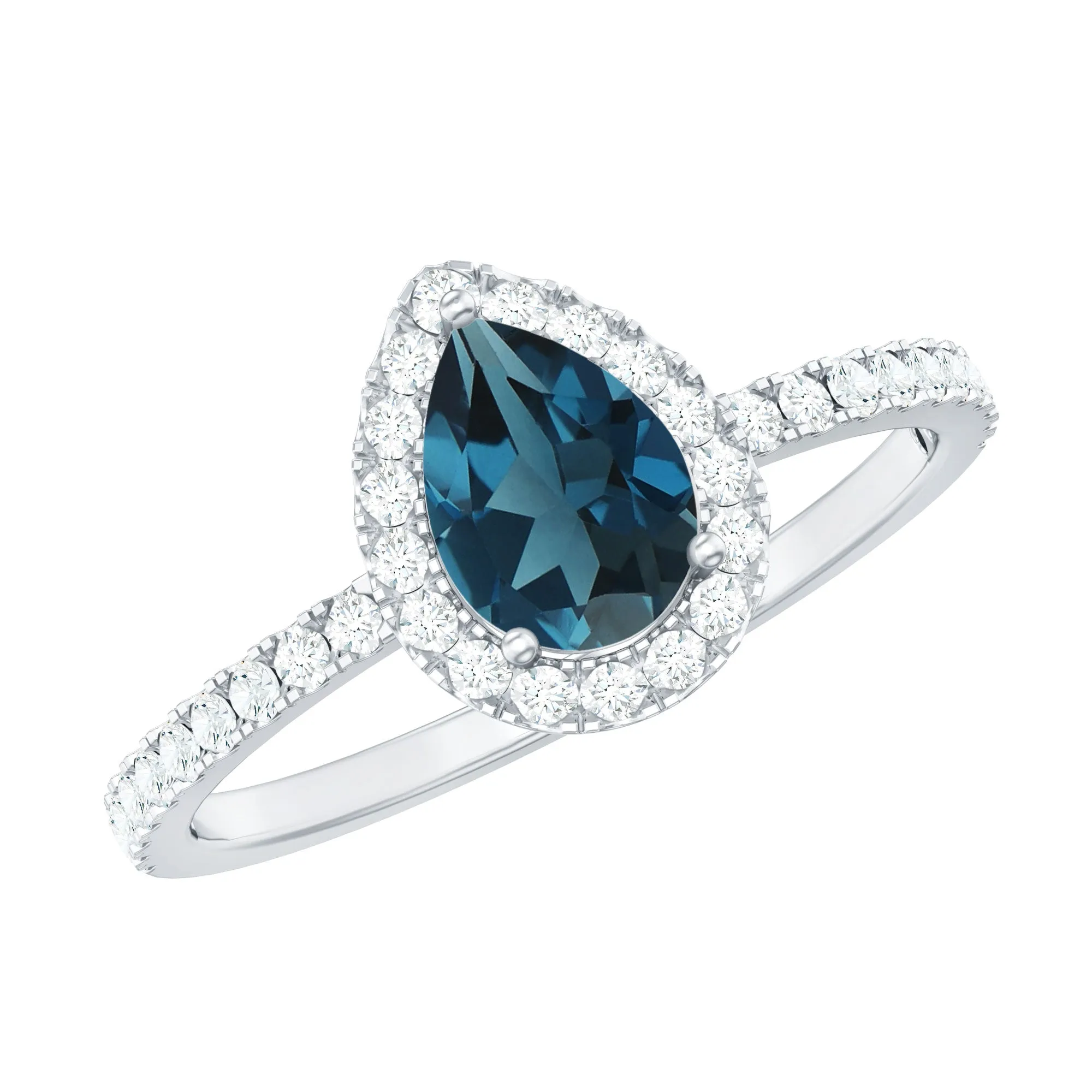 1.25 CT London Blue Topaz Teardrop Engagement Ring with Diamond Halo