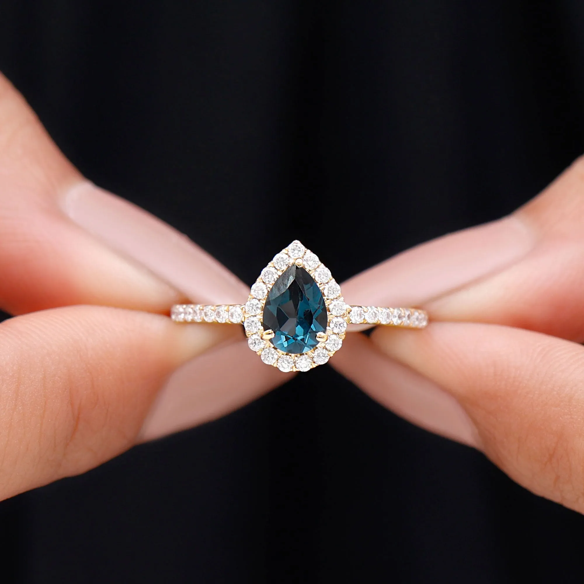 1.25 CT London Blue Topaz Teardrop Engagement Ring with Diamond Halo