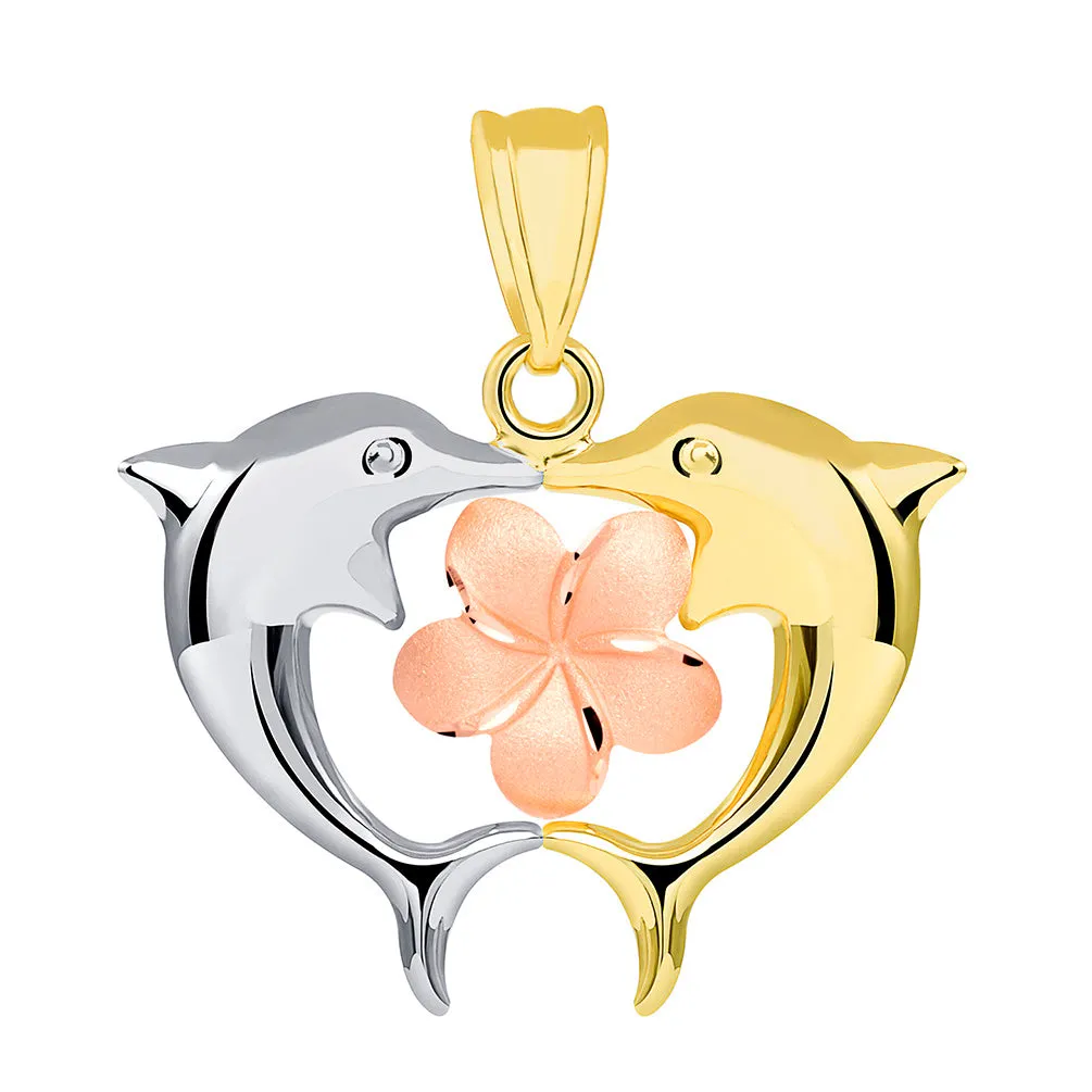 14k Tri Color Gold Kissing Dolphins with Hawaiian Plumeria Flower Pendant