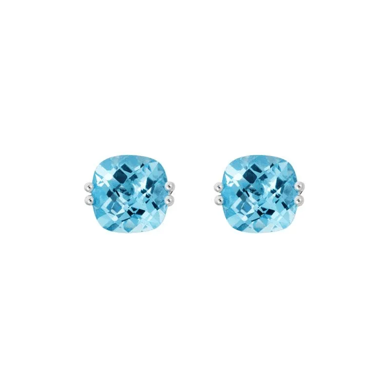 14K White Gold Cushion Blue Topaz Stud Earrings