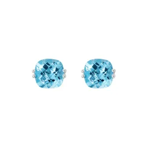 14K White Gold Cushion Blue Topaz Stud Earrings