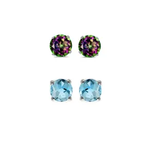 14k White Gold Plated 3Ct Created Mystic Topaz and  Blue Topaz 2 Pair Round Stud Earrings