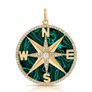 14K Yellow Gold Diamond   Malachite Compass Pendant