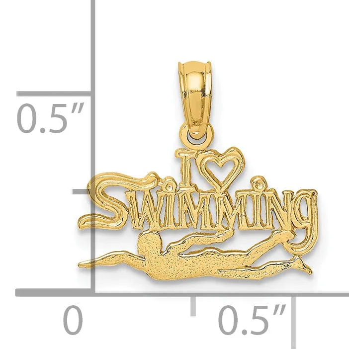 14K Yellow Gold Polished Textured I HEART SWIMMING Charm Pendant