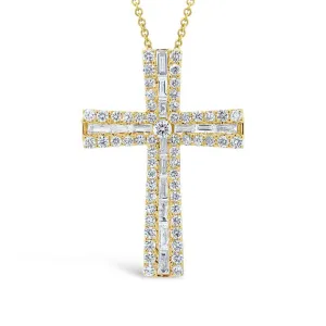 14KT GOLD 1.00 CTW DIAMOND ROUND & BAGUETTE CROSS NECKLACE