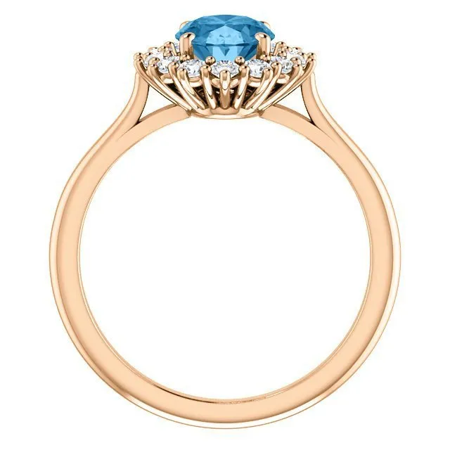 14KT GOLD 1.60 CT SWISS BLUE TOPAZ & 3/8 CTW DIAMOND OVAL HALO RING