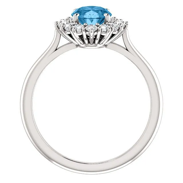 14KT GOLD 1.60 CT SWISS BLUE TOPAZ & 3/8 CTW DIAMOND OVAL HALO RING