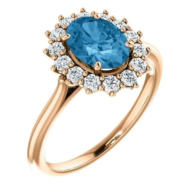 14KT GOLD 1.60 CT SWISS BLUE TOPAZ & 3/8 CTW DIAMOND OVAL HALO RING