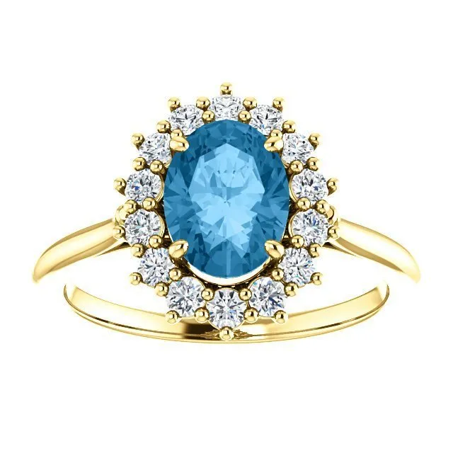 14KT GOLD 1.60 CT SWISS BLUE TOPAZ & 3/8 CTW DIAMOND OVAL HALO RING