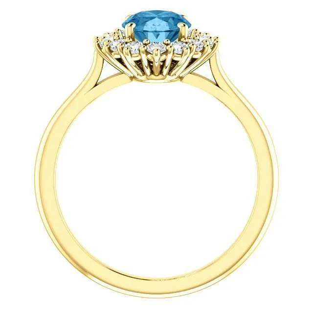 14KT GOLD 1.60 CT SWISS BLUE TOPAZ & 3/8 CTW DIAMOND OVAL HALO RING