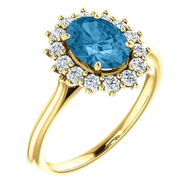 14KT GOLD 1.60 CT SWISS BLUE TOPAZ & 3/8 CTW DIAMOND OVAL HALO RING