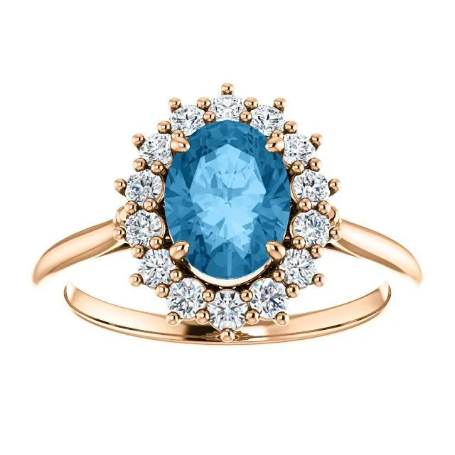 14KT GOLD 1.60 CT SWISS BLUE TOPAZ & 3/8 CTW DIAMOND OVAL HALO RING