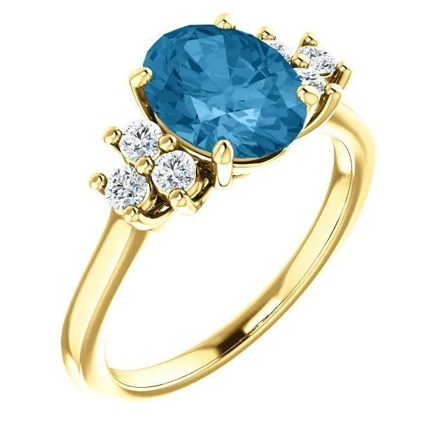 14KT GOLD 2.40 CT SWISS BLUE TOPAZ & 1/4 CTW DIAMOND ACCENT RING