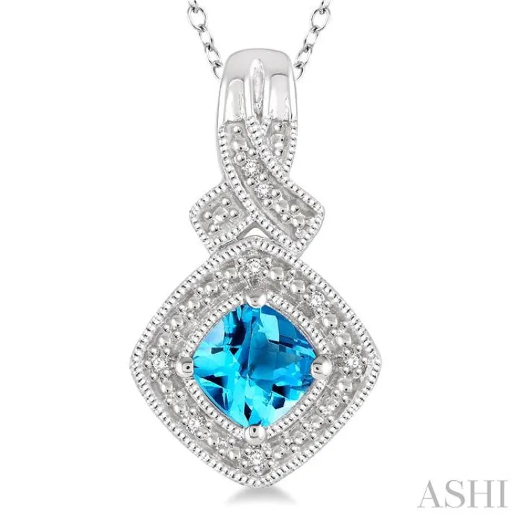 1/50 Ctw Cushion Shape 5x5 MM Blue Topaz & Round Cut Diamond Sterling Silver Pendant With Cable Chain