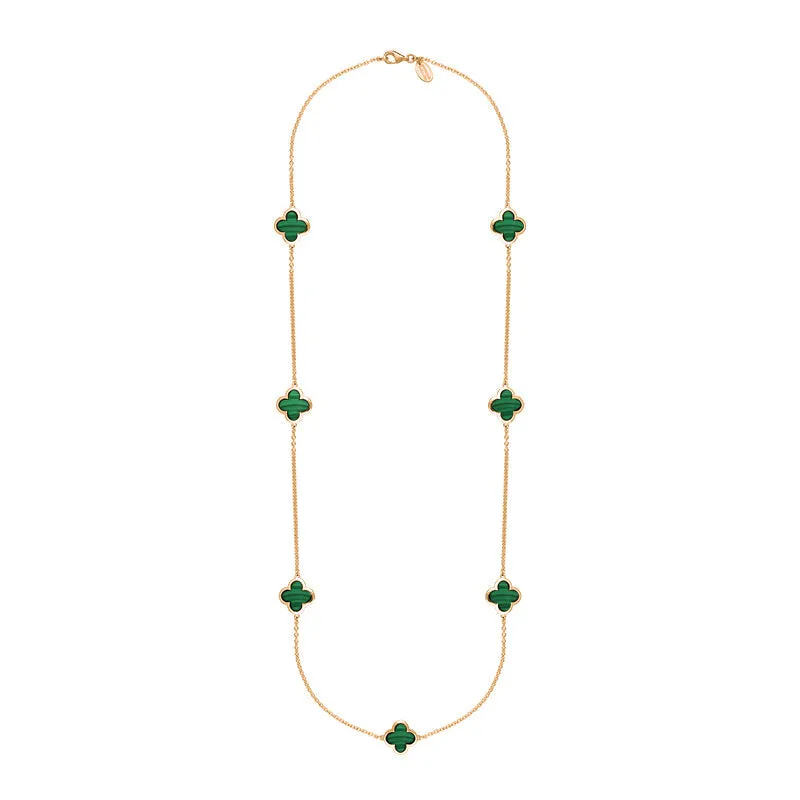 18ct Rose Gold Malachite Bloom Four Leaf Clover Long Necklace