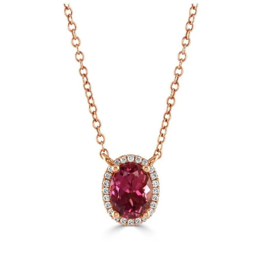 18ct Rose Gold Oval Pink Tourmaline & Diamond Halo Cluster Pendant