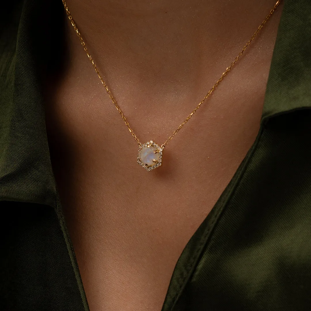 18K Gold Hexagon Moonstone Diamond Necklace