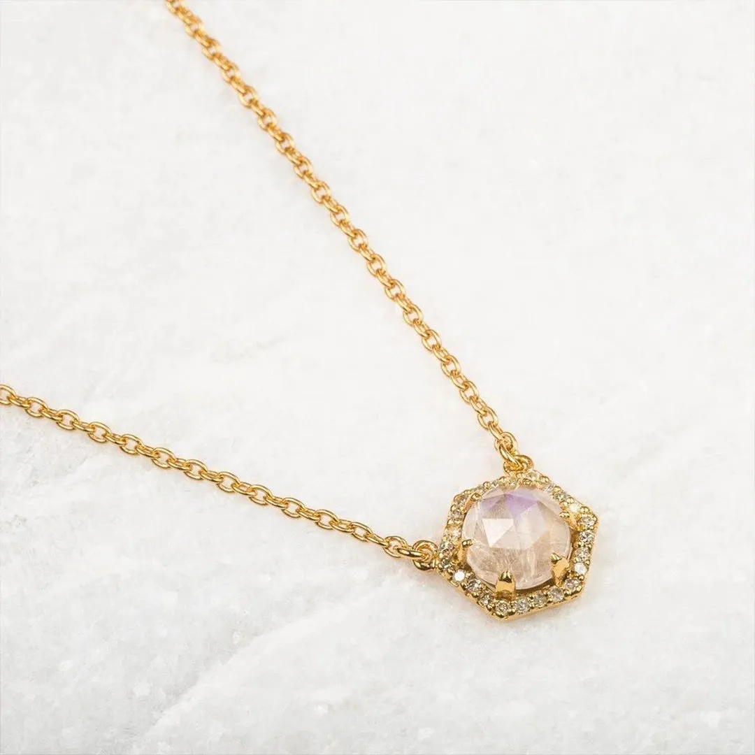 18K Gold Hexagon Moonstone Diamond Necklace