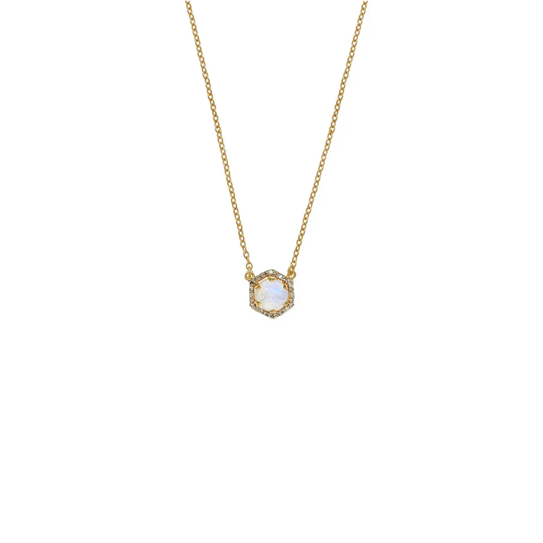 18K Gold Hexagon Moonstone Diamond Necklace