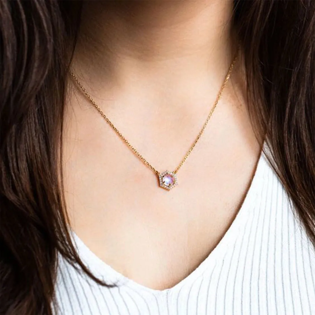 18K Gold Hexagon Moonstone Diamond Necklace