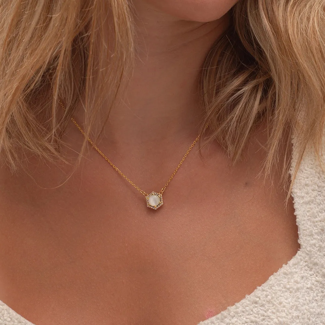 18K Gold Hexagon Moonstone Diamond Necklace