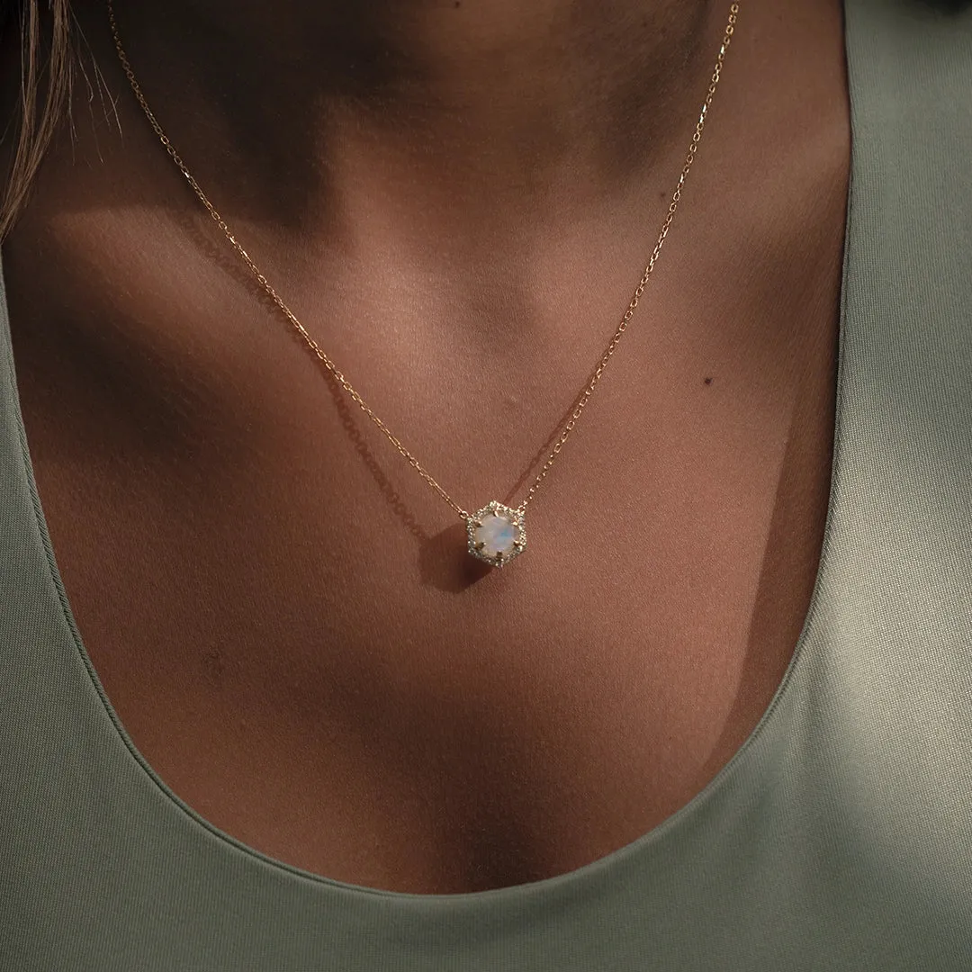 18K Gold Hexagon Moonstone Diamond Necklace