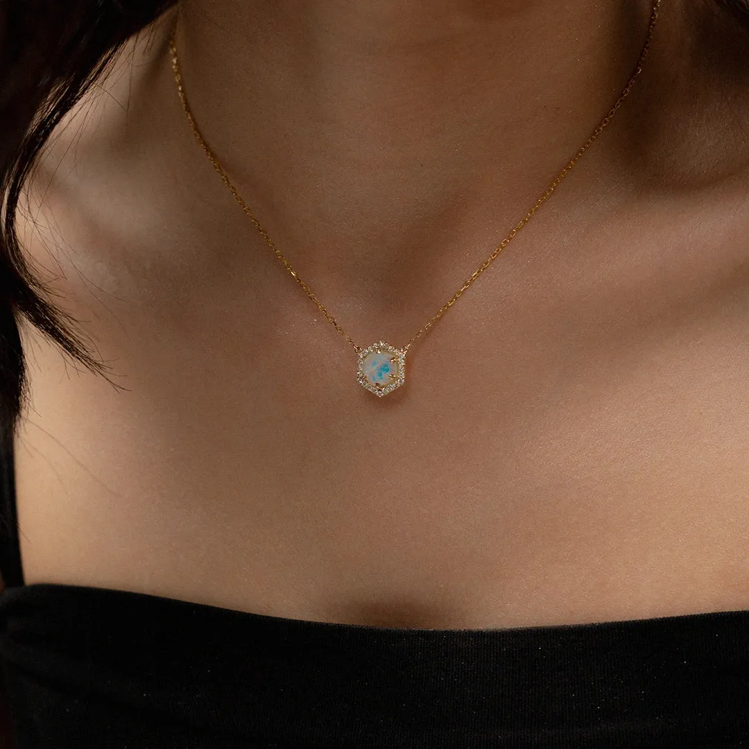 18K Gold Hexagon Moonstone Diamond Necklace