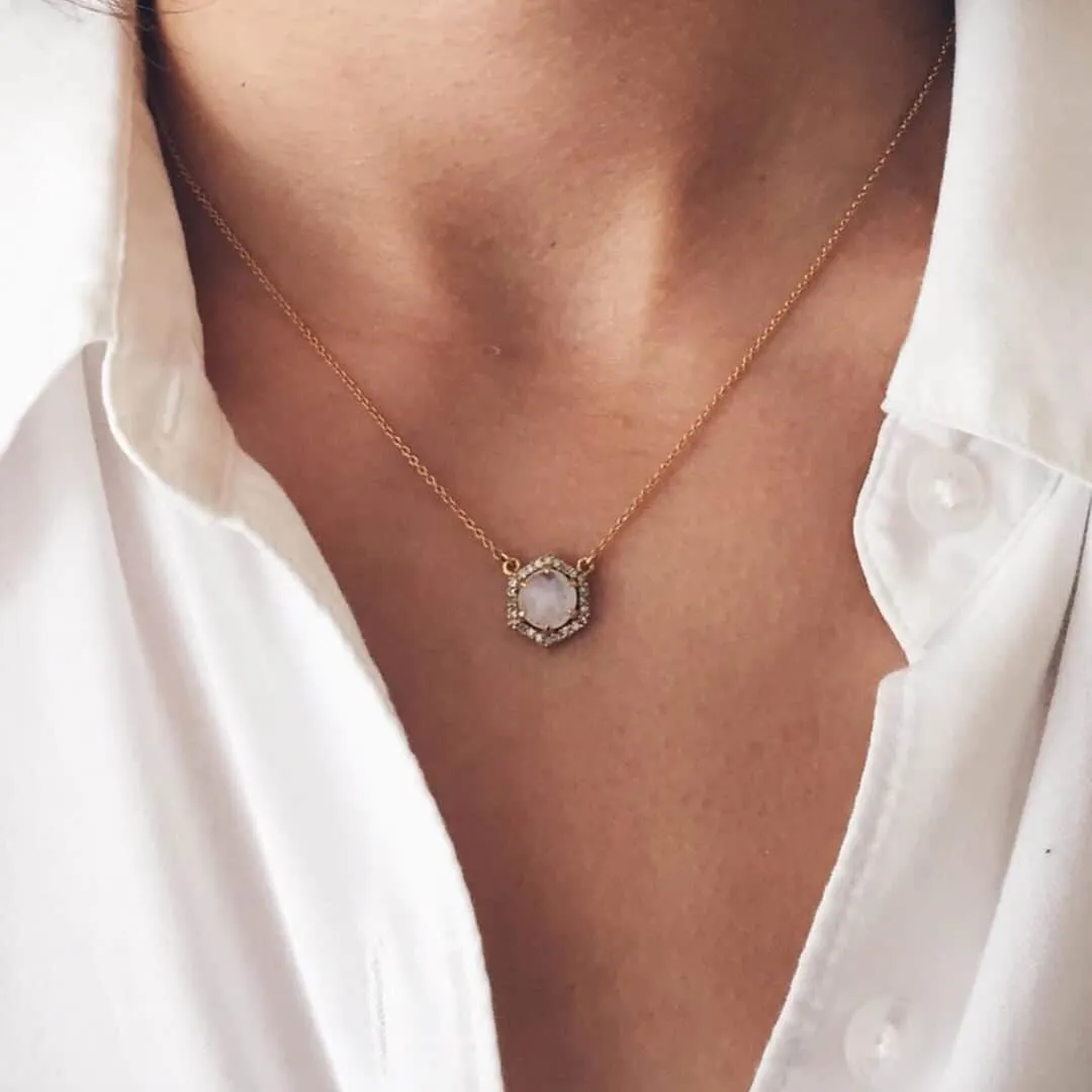 18K Gold Hexagon Moonstone Diamond Necklace