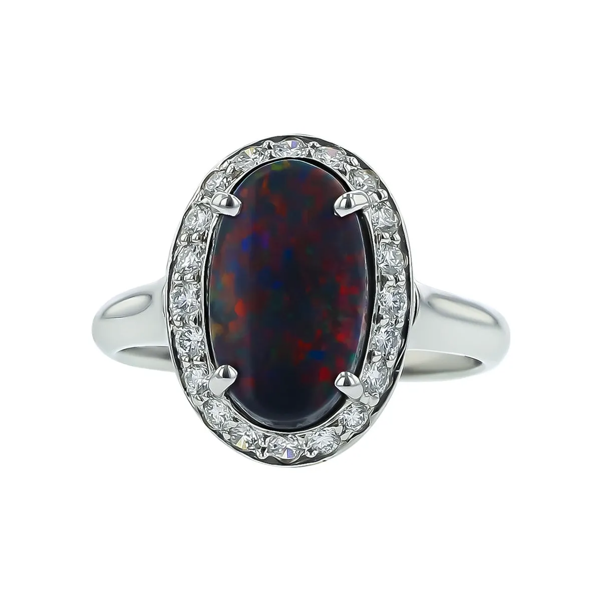 18K White Gold Black Opal and Diamond Halo Ring