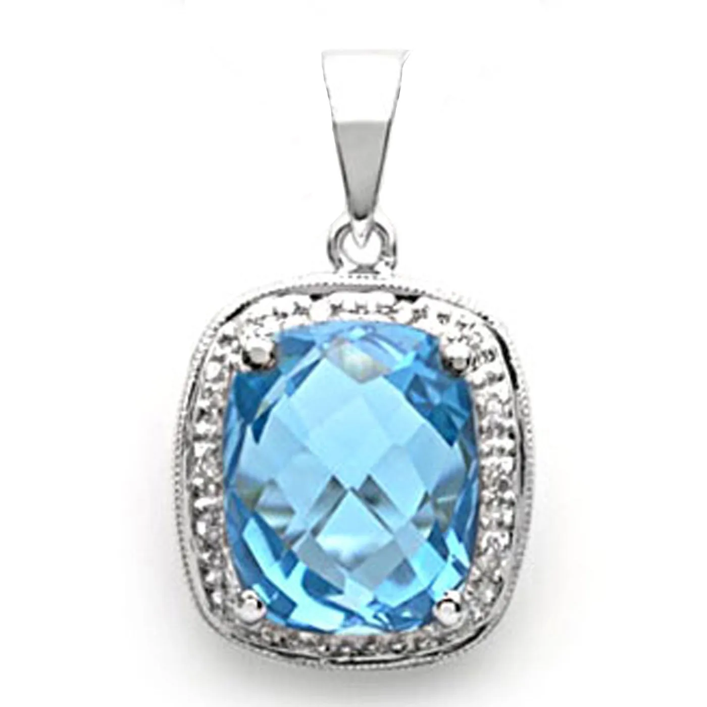 18k White Gold Cushion-Cut Blue Topaz and Diamond Pendant