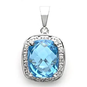 18k White Gold Cushion-Cut Blue Topaz and Diamond Pendant