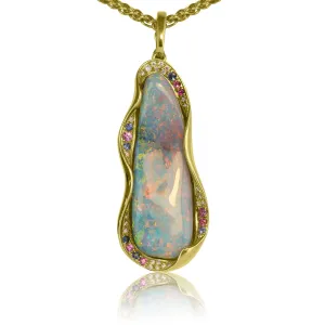 18kt Yellow Gold Boulder Opal and Sapphire Diamond pendant