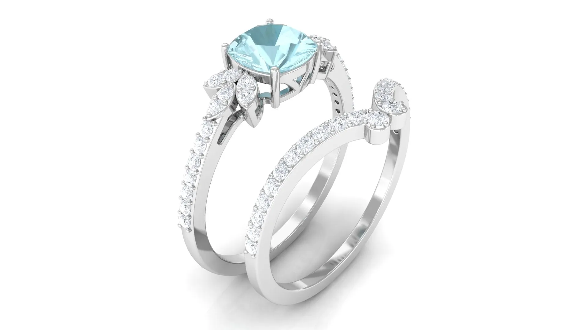 2 CT Cushion Cut Sky Blue Topaz and Diamond Bridal Ring Set