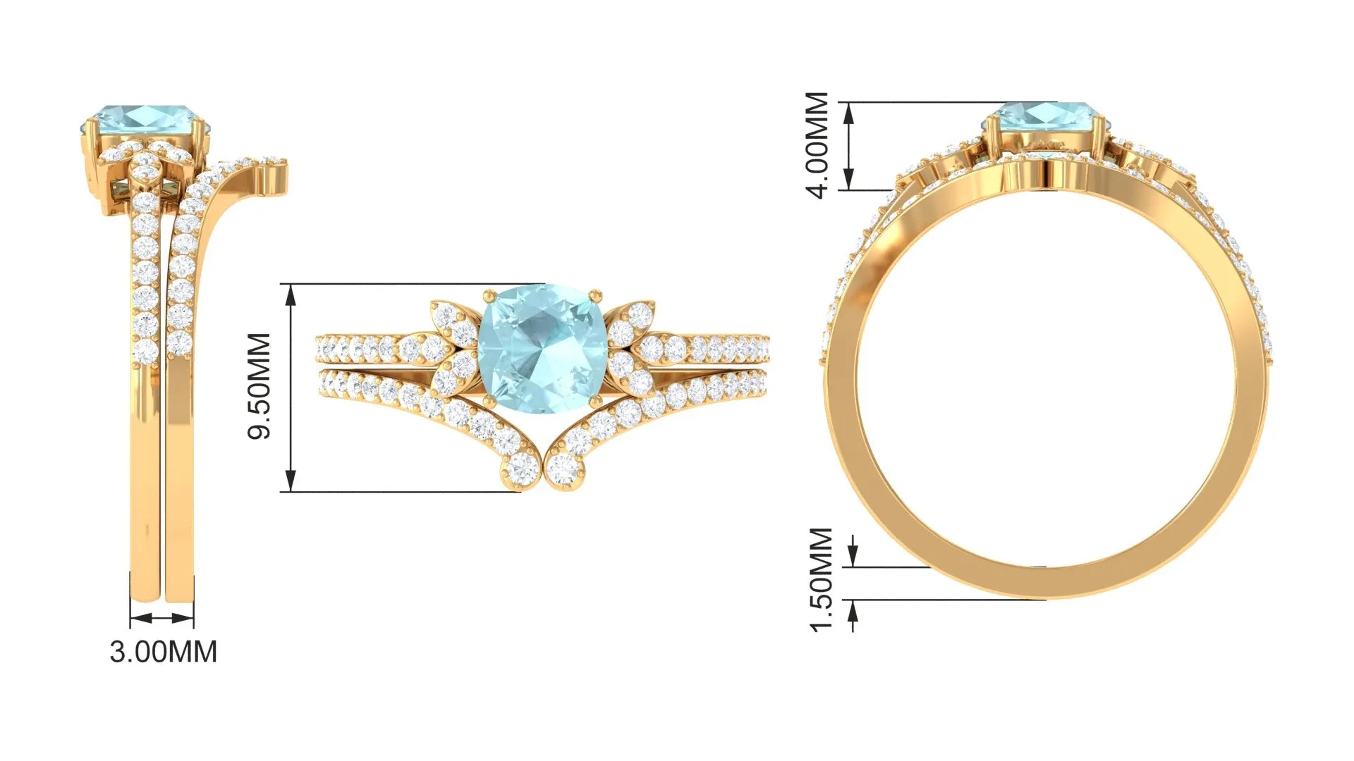 2 CT Cushion Cut Sky Blue Topaz and Diamond Bridal Ring Set