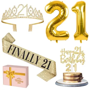 21st Birthday Decorations For Her Include 21st Birthday Tiara and Finally 21 Sash , 21st Birthday Cake Topper and 21 Birthday candles, Gold 21 Balloons, 21st Birthday Gifts for Her Set (Gold)