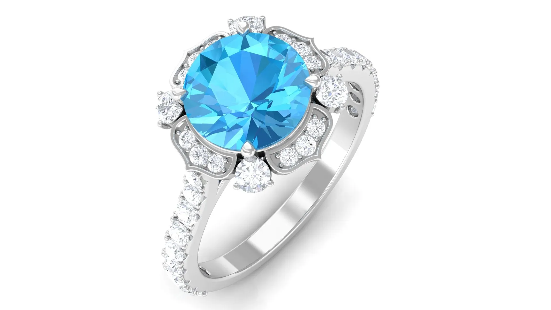 3 CT Swiss Blue Topaz and Moissanite Floral Engagement Ring for Her