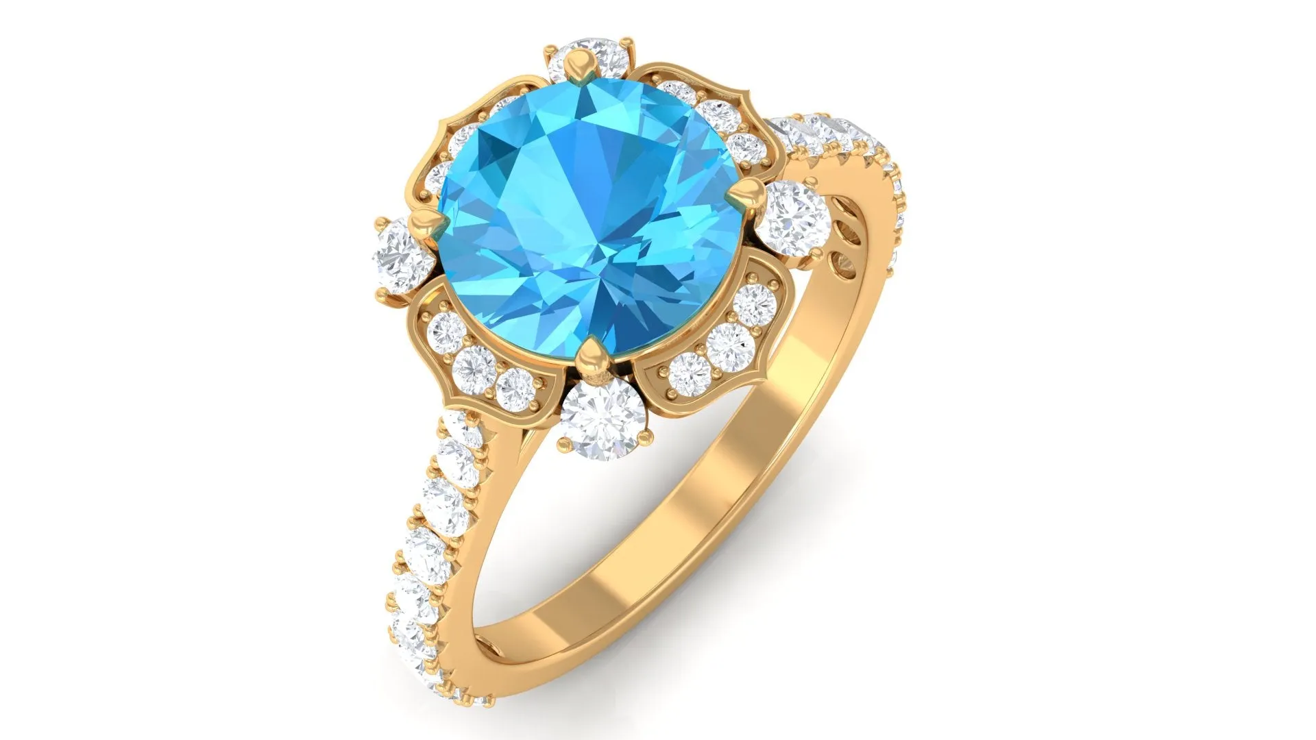 3 CT Swiss Blue Topaz and Moissanite Floral Engagement Ring for Her