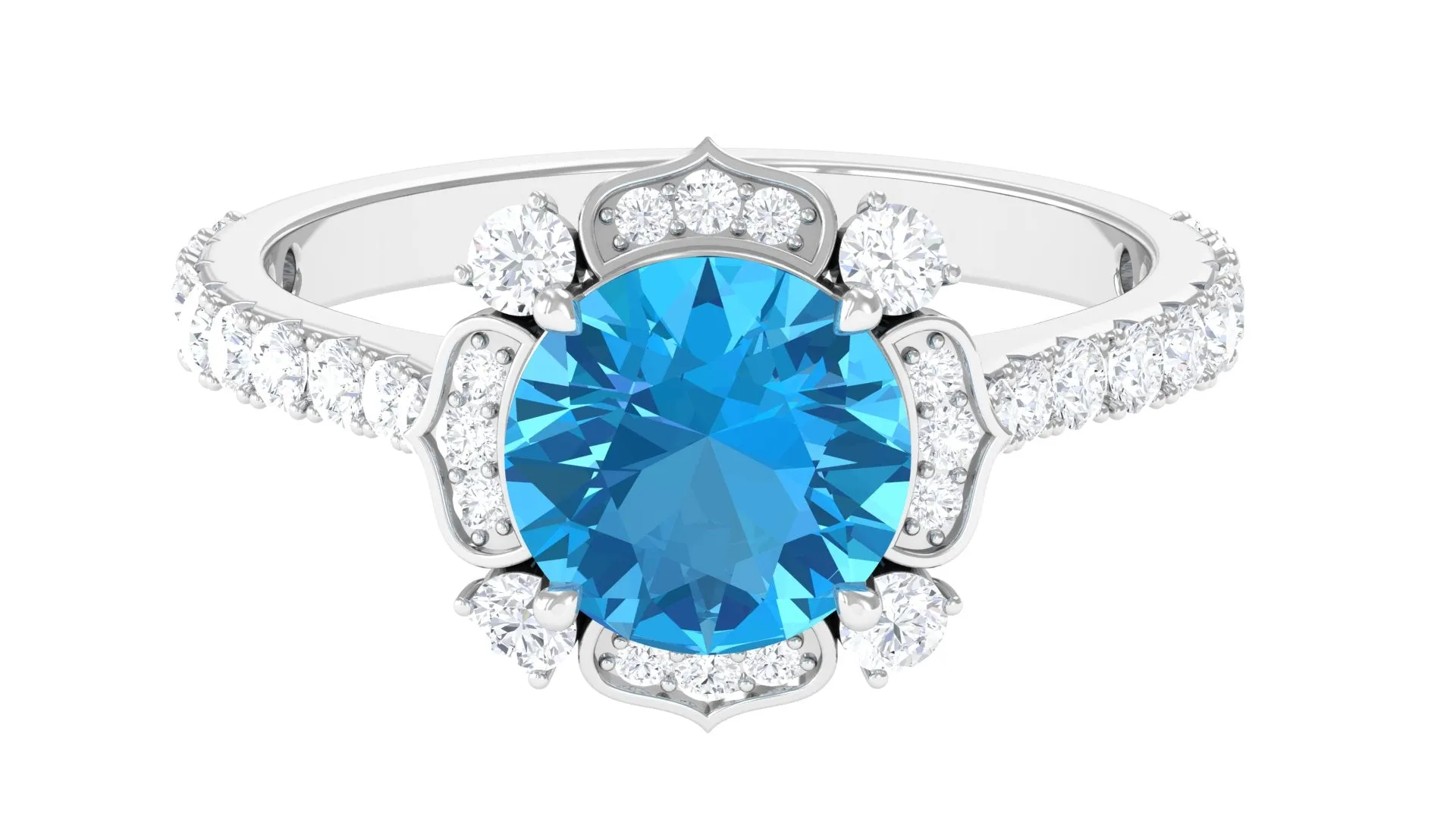 3 CT Swiss Blue Topaz and Moissanite Floral Engagement Ring for Her