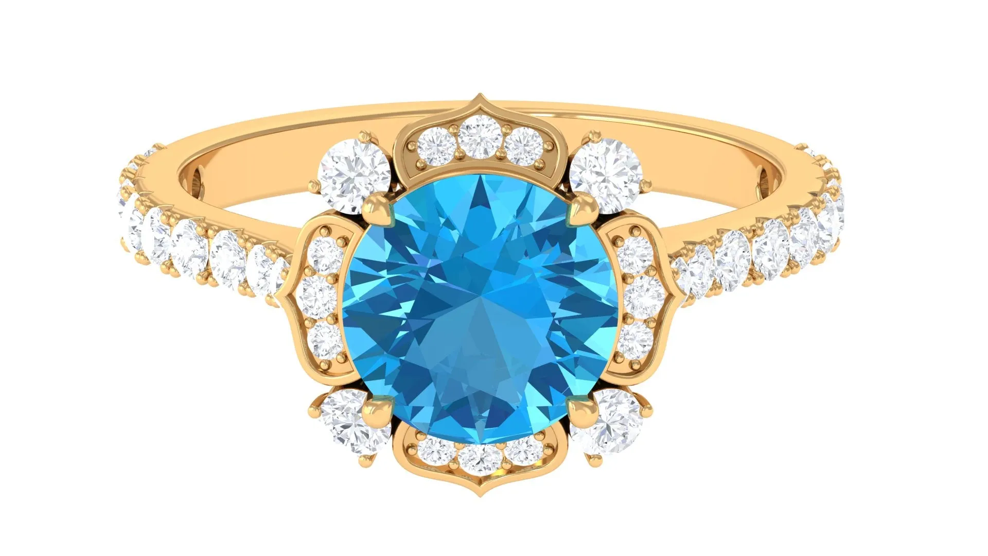 3 CT Swiss Blue Topaz and Moissanite Floral Engagement Ring for Her