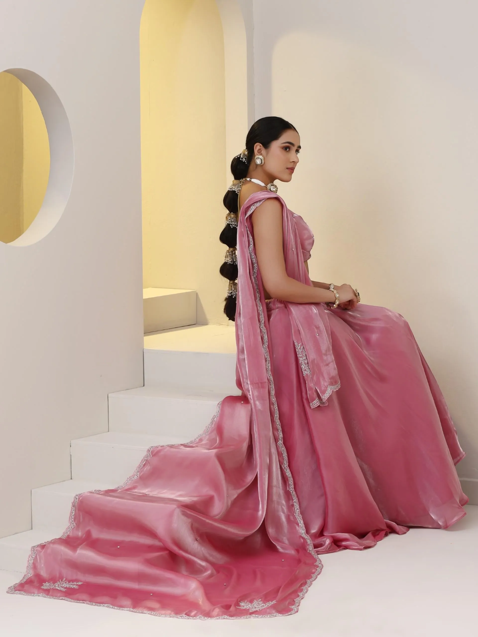 3 pc SET - Pink Organza Satin Lehenga with Hand Embroidered Cut Dana Dupatta and Blouse Fabric