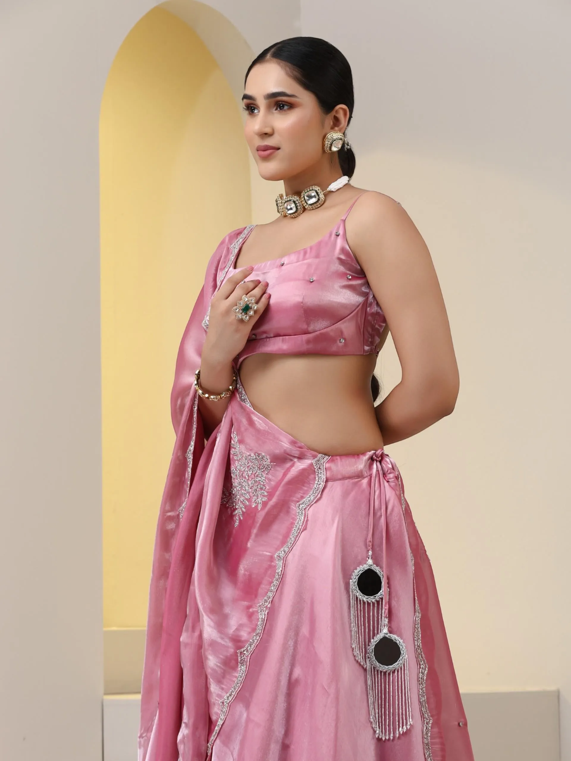 3 pc SET - Pink Organza Satin Lehenga with Hand Embroidered Cut Dana Dupatta and Blouse Fabric