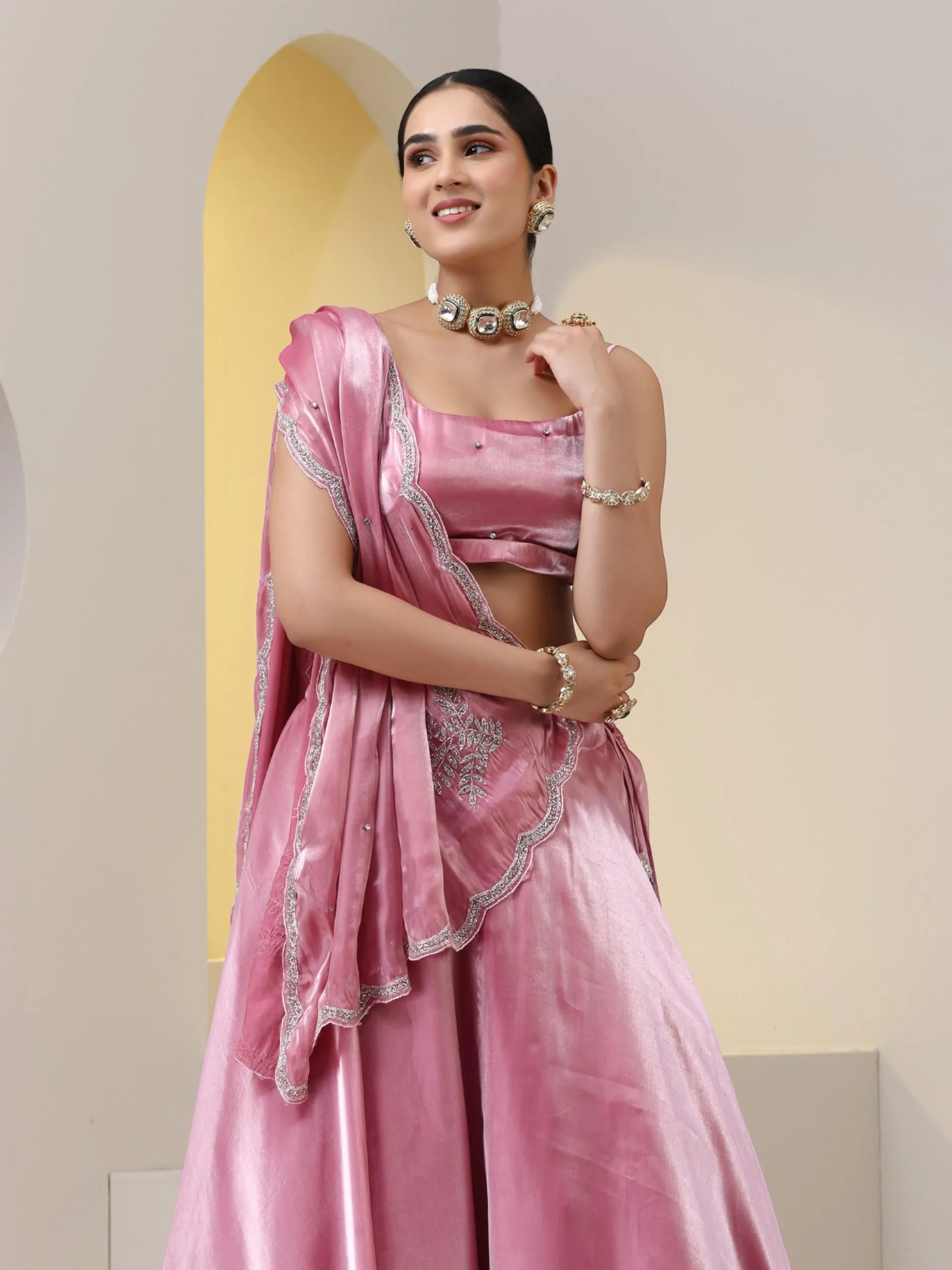 3 pc SET - Pink Organza Satin Lehenga with Hand Embroidered Cut Dana Dupatta and Blouse Fabric