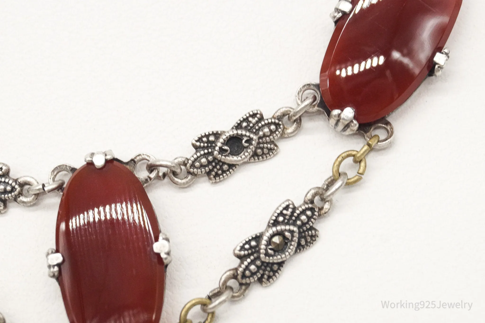 Antique Carnelian Marcasite Sterling Silver Necklace